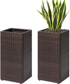 SUNNYPARK 2 Pack Tall Planters for Outdoor Plants Rattan Modern Tall Square Planter Box with Removable Liners Indoor Outdoor Porch Patio Flower Pot (12’’ x 12’’ x 24’’)