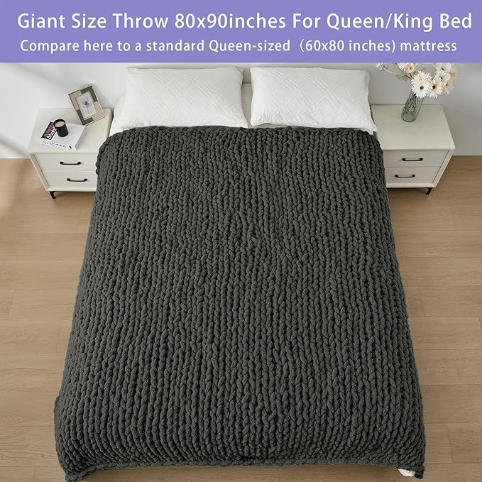 Bigacogo Chunky Knit Throw Blanket for Couch, 80x90 inches, 100% Hand Knitted with Thick Jumbo Chenille Yarn, Cozy Soft Large Rope Knot Cable Crochet Blankets for Sofa Bed Living Room, Dark Grey