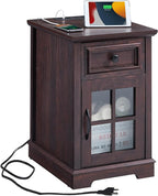 Farmhouse XXL End Table with Charging Station, Side Table with USB Ports and Outlets, Nightstand with Drawer and Glass Door Storage, Cherry Bedside Tables for Living Room, Bedroom, Office