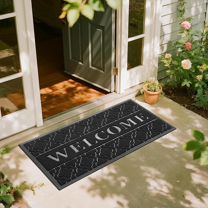Yimobra Welcome Mat Outdoor Indoor, All-Season Waterproof Front Door Mat Outside Entrance, All-Weather Heavy Duty Non-Slip Doormat, Low Profile Porch Patio Entrance Mats, 47x24, Black