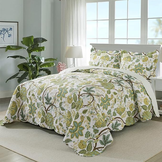 Travan 3-Piece Quilt Set Quilted Bedspread Cotton Coverlet Set Floral Oversized Quilted Bedding Set for All Season, White Vine, King Size