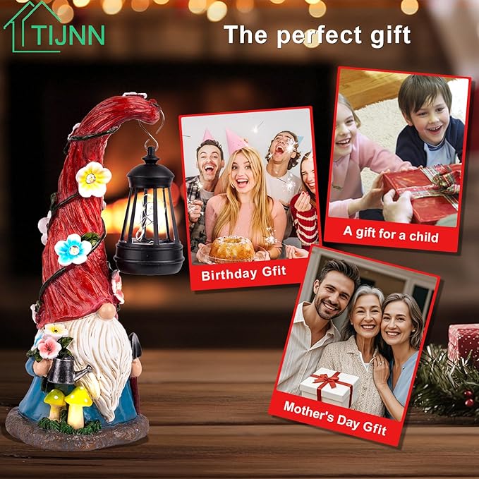 TIJNN Solar Garden Gnome Statue with Lantern, Dwarf Gardener Outdoor Decor for Patio, Yard, Porch Garden Gifts