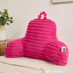 Faux Fur Fluffy Hot Pink Reading Pillow with Pockets, Luxury Striped Plush Decorative, Arm Rests and Back Surport for Bed Rest, Lounging on sofa, Standard