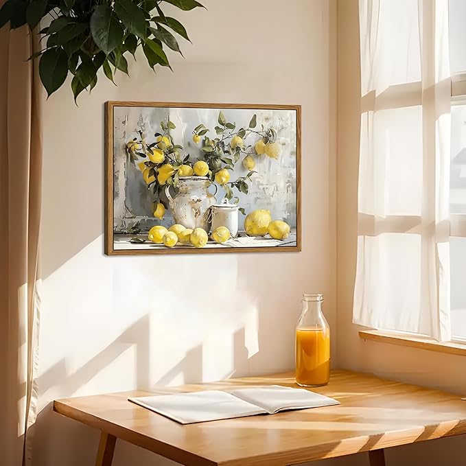 Framed Lemon Kitchen Wall Decor for Dining Room - Vintage Mustard French's Yellow Lemon Kitchen Wall Art, Rustic Oil Paintings Posters Prints for Bathroom Living Room Bedroom 12x16 inch