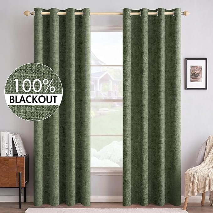 MIULEE 100% Blackout Linen Textured Curtains for Bedroom Solid Thermal Insulated Olive Green Grommet Room Darkening Curtains & Drapes Luxury Decor for Living Room Nursery 52 x 90 Inch (2 Panels)