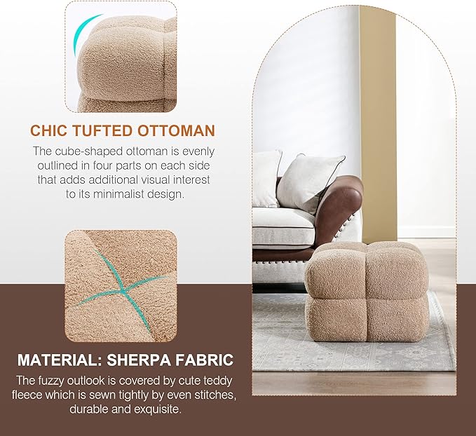 Zesthouse Square Pouf Ottoman, Modern Ottoman Coffee Table for Living Room, Fuzzy Sherpa Stool Foot Rest, Upholstered Tufted Stool for Couch, Tan
