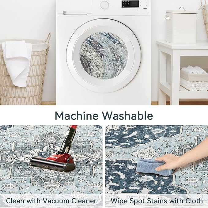 Topllen Runner Rug - 2'x10' Boho Washable Kitchen Rug, Non-Slip Soft Low Pile Rugs Indoor for Hallway Hall Living Room Bedroom Sunroom, Vintage Throw Stair Carpet Stain Resistance (Blue, 2x10ft)