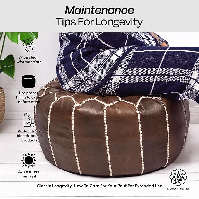 Handmade Moroccan Genuine Leather Pouf Ottoman Cover – Unstuffed Foot Stool Ottoman, Boho Foot Rest Under Desk, Round Ottoman for Living Room, Bedroom - Housewarming Gifts New Home, Weddings Gifts