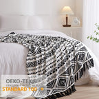 CASAAGUSTO Boho Throw Blanket - Black and White Decorative Blankets with Tassel, Printed Flannel Bohemian Blanket for Chair, Bed, Sofa, Couch(60 * 80, Black and White)