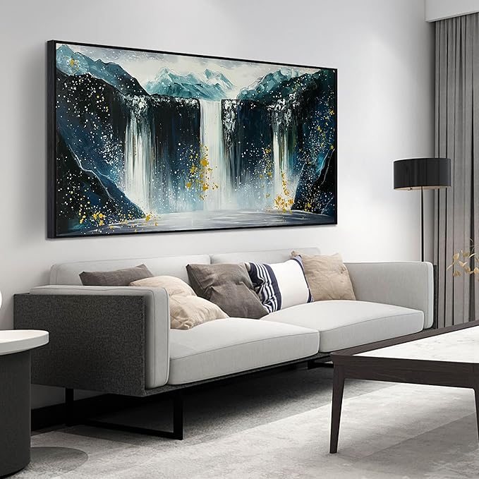 Waterfall Hand Painted Wall Art for Living Room - Mountains Wall Art for Office Decor - Landscape Big Wall Art for Living Room Size 29" x 59"