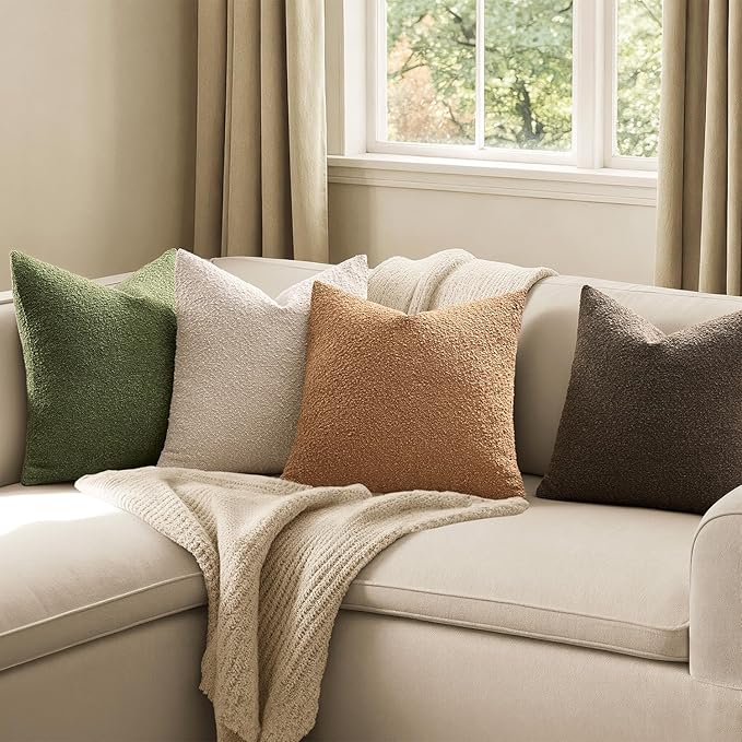MIULEE Pack of 4 Decorative Textured Boucle Throw Pillow Covers 20x20 Inch Green Brown Accent Solid Pillow Cases Soft Couch Cushion Covers Modern Farmhouse Boho Chair Sofa Bed Livingroom Home Decor