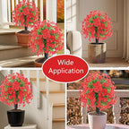 22.8" Set of 2 Fall artificial Boxwood topiary Ball tree for outdoors with Spike,UV Resistant Faux Shrubs Outdoor with morning glory flowers,Faux Plants Bushes for Garden Porch Yard Patio Decor(Red)