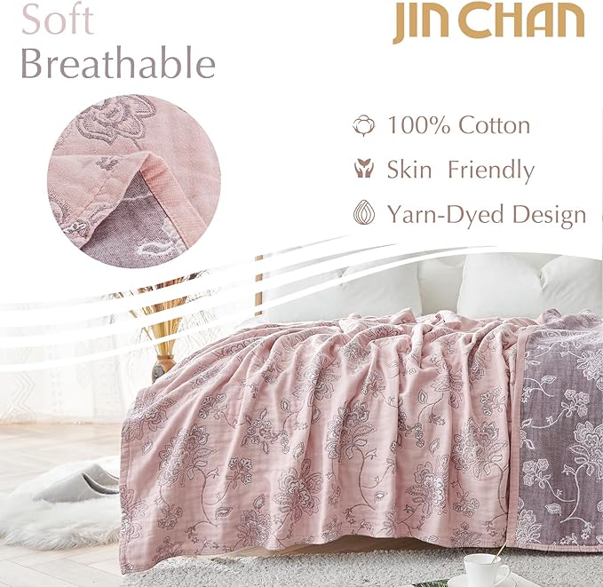 jinchan Boho 100% Cotton Muslin Queen Size 80x90 Inches Blanket Lightweight 4-Layer Quilted Soft Pink Multi Floral Throw Blanket Reversible Comfy Flower Rustic All Seasons Couch Bedroom Decor