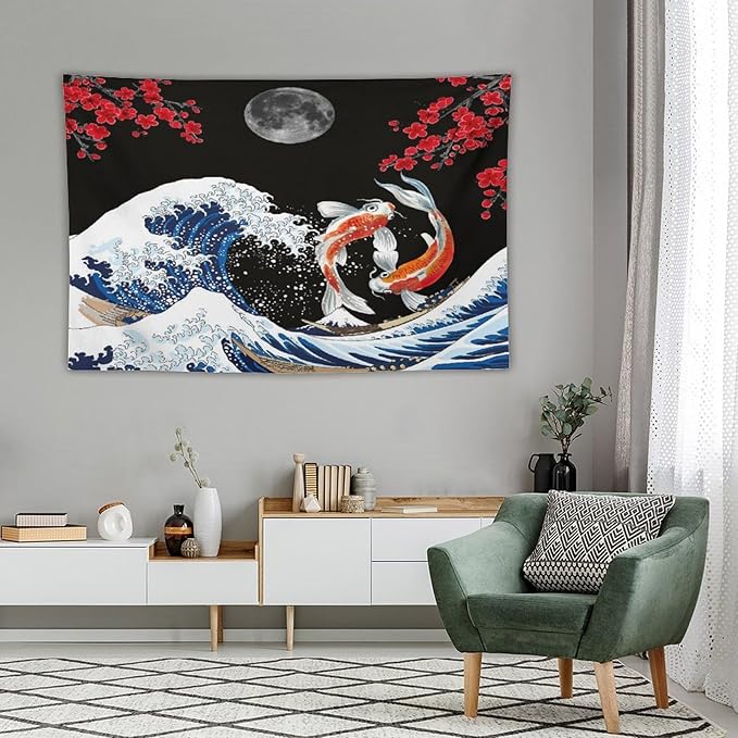 Houselerax Japanese Koi Fish Tapestry, Yin Yang Big Wave Red Cherry Blossom Tapestries Wall Hanging for Bedroom Living Room Office Decor 60"x40"