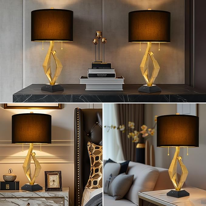 Sculptural Table Lamp Set of 2 with USB Ports For Living Room, Gold Leaf Finish Farmhouse Bedside Lamps with S Cluster Pull Chains Switch for Bedroom, Rustic Nightstand Lamp for Office, Hotel, Bar