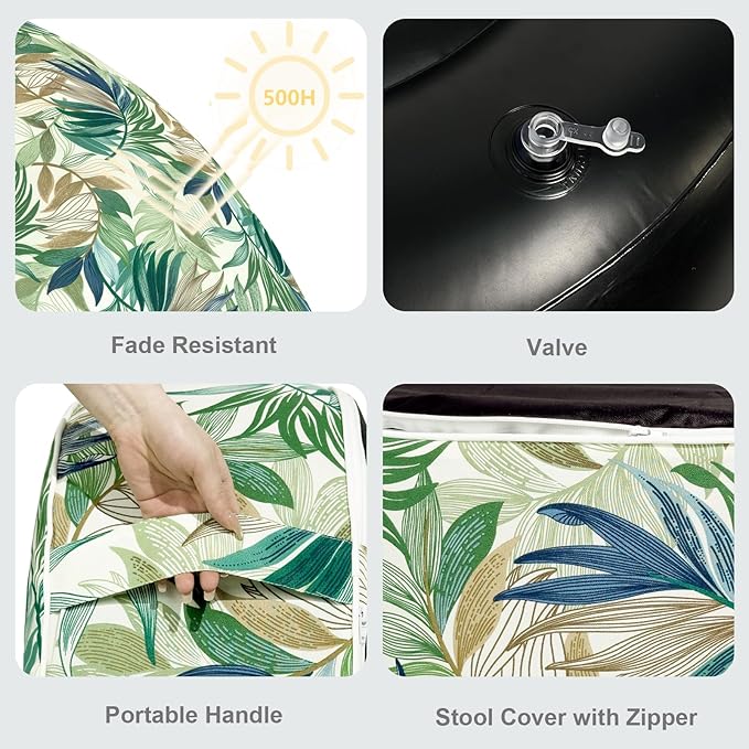 LVTXIII Inflatable Stool Ottoman Footrest with Handle, Decorative Fade-Resistant Foot Stool, Indoor or Outdoor Pouf for Home Garden and Camping Use, D21 x W 21 x H9, Lush Leaf Green