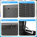 100 Gallon Outdoor Storage Box,Large Waterproof Resin Deck Box,Lockable Storage Container with Reinforced Support for Patio Cushions,Garden Tools,UV-Resistant（Black Rattan）