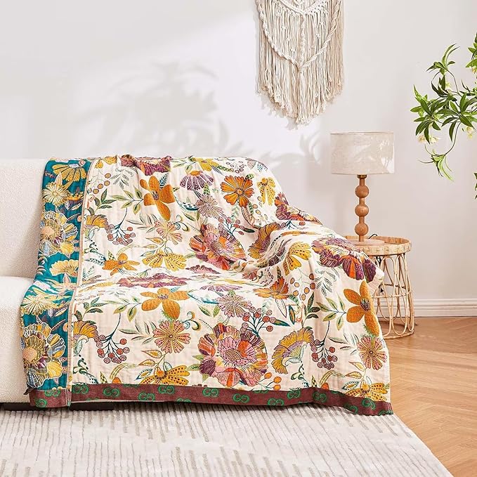 Boho Throw Blanket, 100% Cotton Ultra Soft Luxury Throw Rustic Quilt, 80"x90" Floral Printed Farmhouse Decor Bed Summer Blankets, All Season Rustic Reversible Bohemian Throw for Bed - White