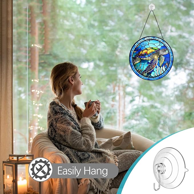 Stained Glass Turtle Suncatcher Window Hanging - Handmade Sea Turtle Suncatchers for Windows with Hooks - Sea Glass Wall Art Home Decor Outdoor Garden Sun Catcher - Birthday Gifts for Mom Grandma