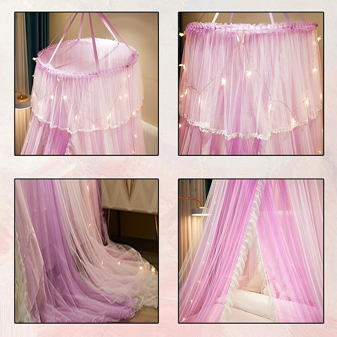 VETHIN Princess Bed Canopy for Girls,Bed Canopy Curtain- Double Layer Sheer Mesh Dome Bed Curtain- Round Lace Princess Mosquito Net Tent with led Stars String Lights(Purple/White)