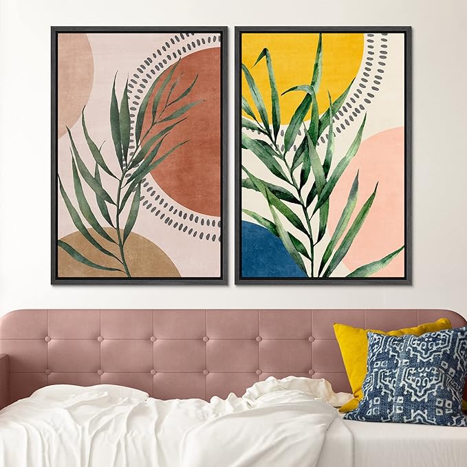 SIGNFORD Framed Canvas Print Wall Art Set Geometric Mid-Century Circle Plants Abstract Shapes Illustrations Modern Art Decorative Zen Bohemian for Living Room, Bedroom, Office - 16"x24"x2 Black