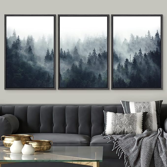 SIGNWIN Framed Canvas Print Wall Art Woodland Nursery Decor Set Misty Mountain Range Pine Tree Forest Nature Realism Decorative Rustic Chic for Living Room, Bedroom, Office - 16"x24"x3 Black