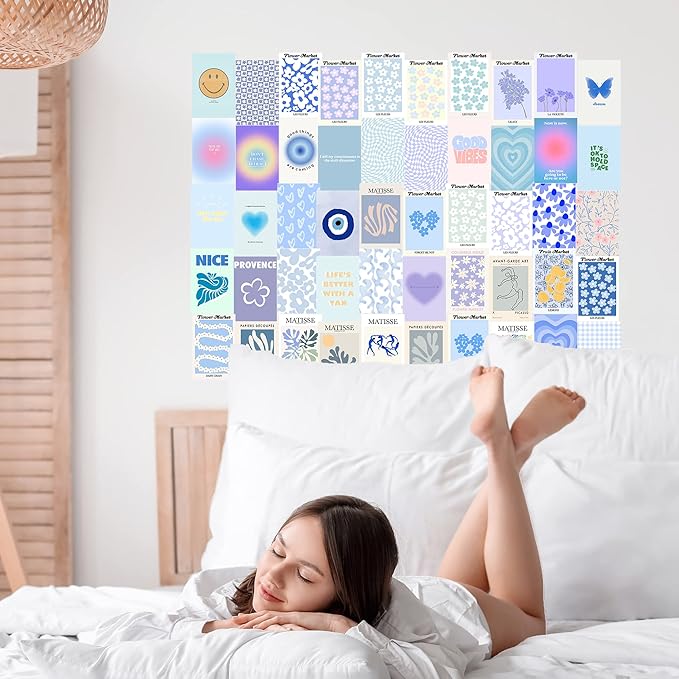 Minimalist Wall Art for Blue Room Decor Aesthetic, 50pcs Danish Pastel Collage Kit Aesthetic Pictures, Posters, Matisse Posters and Dorm