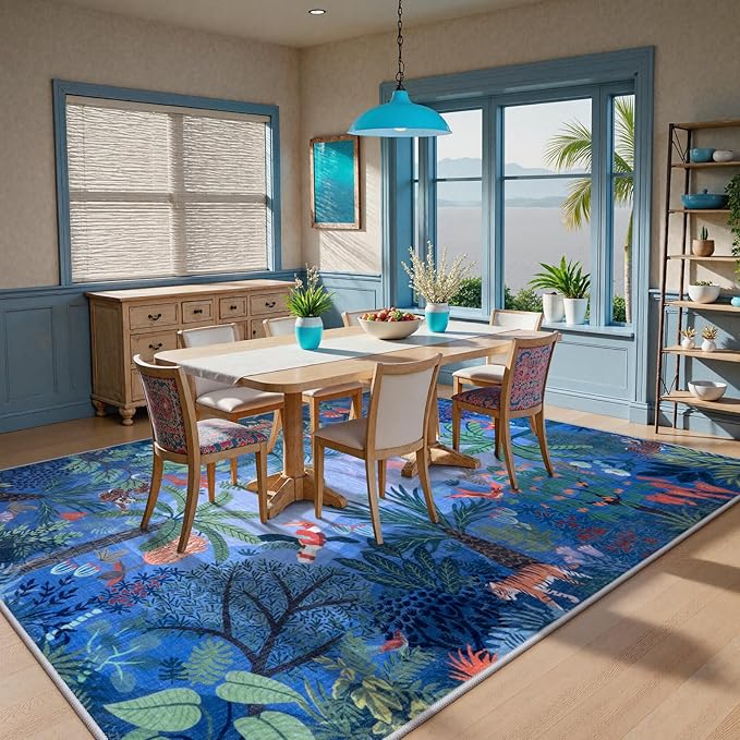LIVEBOX Washable Jungle Animal Print Rugs 9x12 Blue Rugs for Living Room, Stain Resistant Soft Kids Area Rugs for Bedroom, Non-Skid Modern Dining Room Rug Floor Carpet for Playroom Kids Nursery