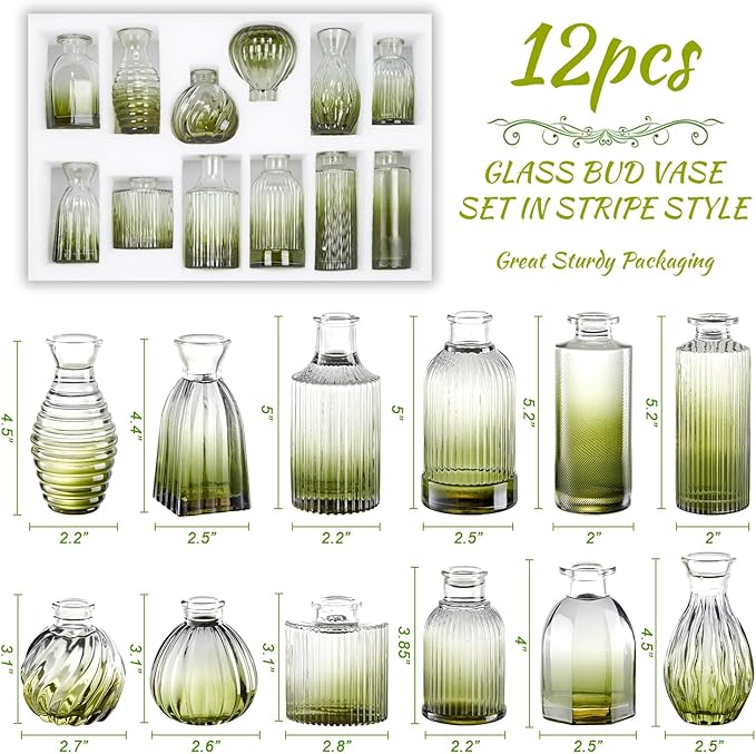 Green Bud Vases Set of 12, Green Glass Vase for Decor, Small Vases for Flowers Ribbed Flower Vase Stripe Bud Vases in Bulk Wedding Birthday Bridal Shower Centerpieces Home Table Decoration
