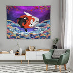 Houselerax Japanese Koi Fish Tapestry, Yin Yang Big Wave Cherry Blossom Tapestries Wall Hanging for Bedroom Living Room Office Decor 80"x60"