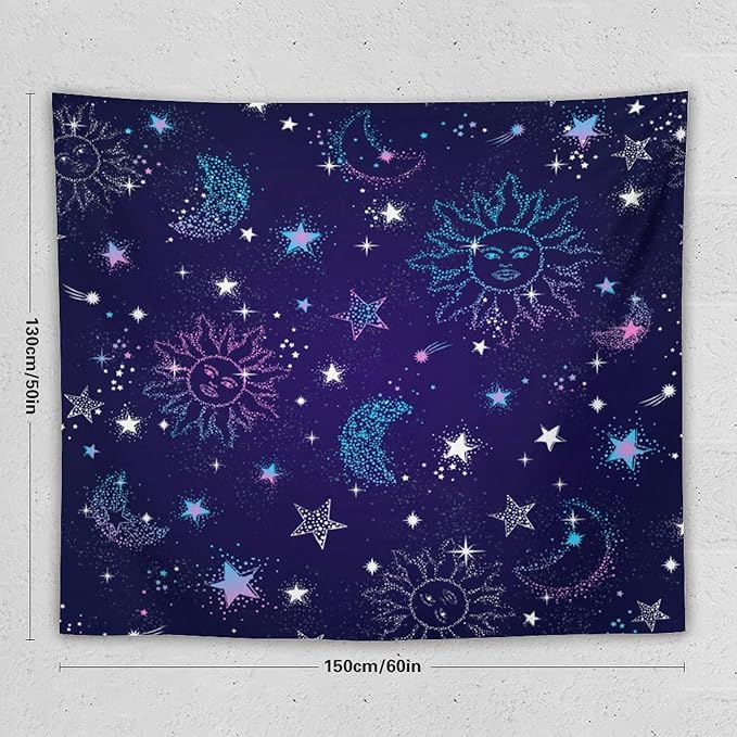 HZOHNAGO Boho Sun Moon Tapestry Purple Blue Sun Stars Galaxy Pattern Printed Wall Tapestry Wall Hanging for Bedroom Living Room Dorm 60" W x 50" H