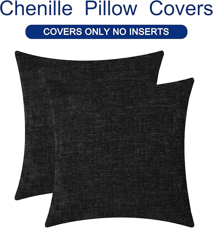 CaliTime Throw Pillow Covers Decorative 22 X 22 Inches Pack of 2 Cozy Chenille Cushion Cases for Couch Sofa Bed Living Room Home Black
