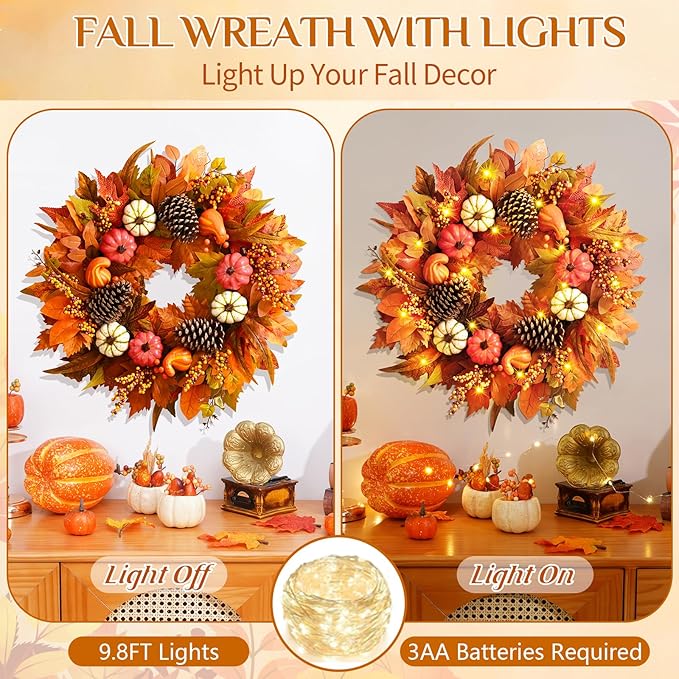 Fall Decor - Fall Wreaths for Front Door Outside, 2 Pack 20 Inch Fall Door Wreath, Handcrafted Autumn Wreath with Colorful Pumpkins Maple Leaves, Fall Decorations for Home Door Wall Thanksgiving Decor