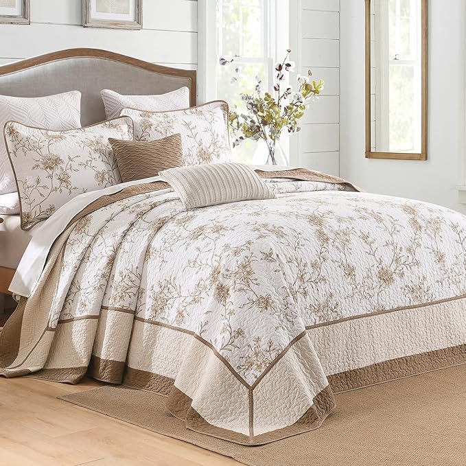 DDUOXIN Oversized Queen Bedspread - 102" W x120 L Extra Wide - 100% Cotton California Quilt with 2 Pillow Shams, Botanical Reversible Coverlet Bedding Set, Brown/Beige/Sugar Swizzle