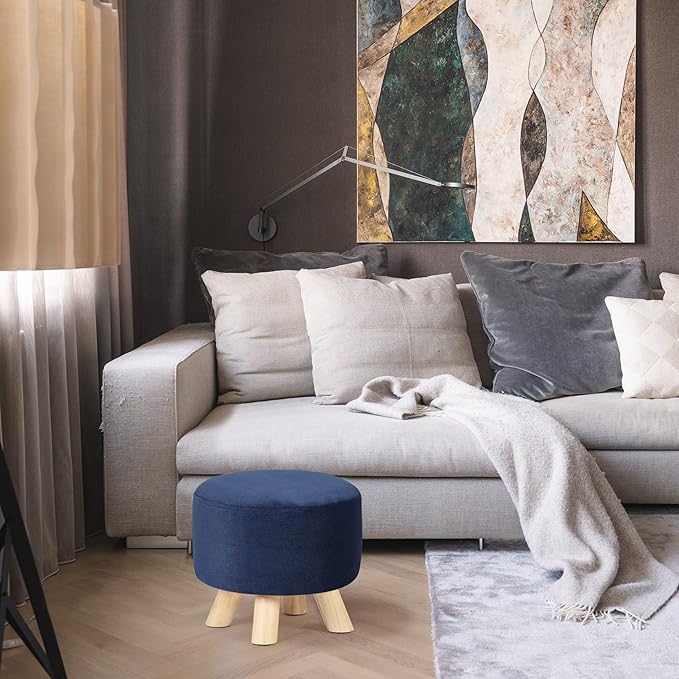 Asense Small Round Ottoman Foot Rest Stool Corduroy Fabric Padded Seat Footstool Ottoman with Anti-Slip Wooden Legs (Navy Blue,Corduroy)