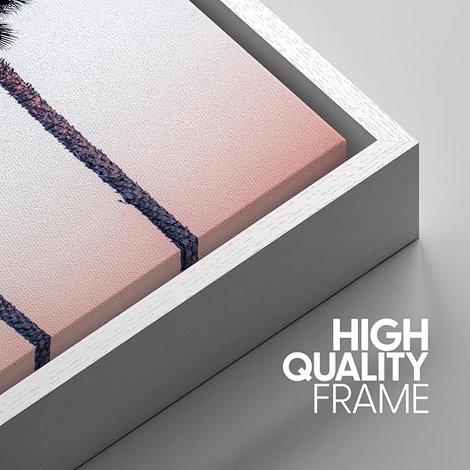 SIGNWIN 3 Piece Framed Canvas Wall Art Palm Tree in The Pink Beach Canvas Prints Home Artwork Decoration for Living Room,Bedroom - 24"x36"x3 White