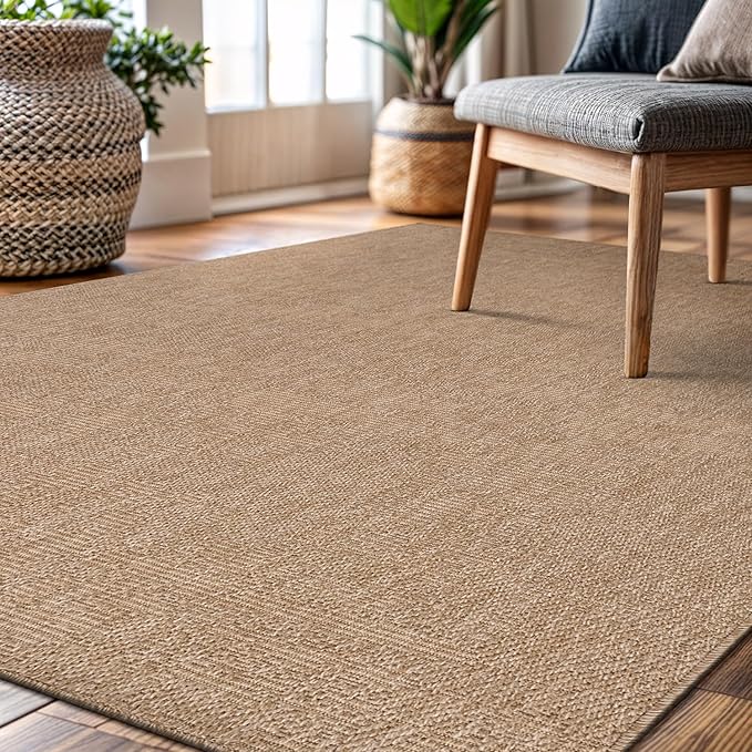 CAMILSON Easy Jute Rug 6x9, Indoor Outdoor Natural Color Fiber Area Rugs for Living Room Patio and Kitchen Rug, Solid Boho Woven Design, Easy-Cleaning, Washable Outside Carpet Alfombras (6 x 9)