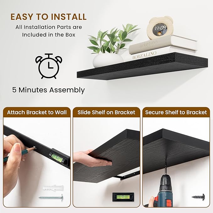 Fun Memories Floating Shelves for Wall, 32 Inch Rustic Wood Wall Mounted Shelves for Bathroom, Bedroom, Kitchen, Living Room, Deep Floating Shelves for Storage & Home Decor (Black, Set of 2)