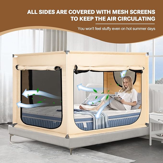 Bed Canopy Portable Blackout Bed Tent Privacy Tent for Adult Indoor Sleeping with 3 Doors, Storage Bag