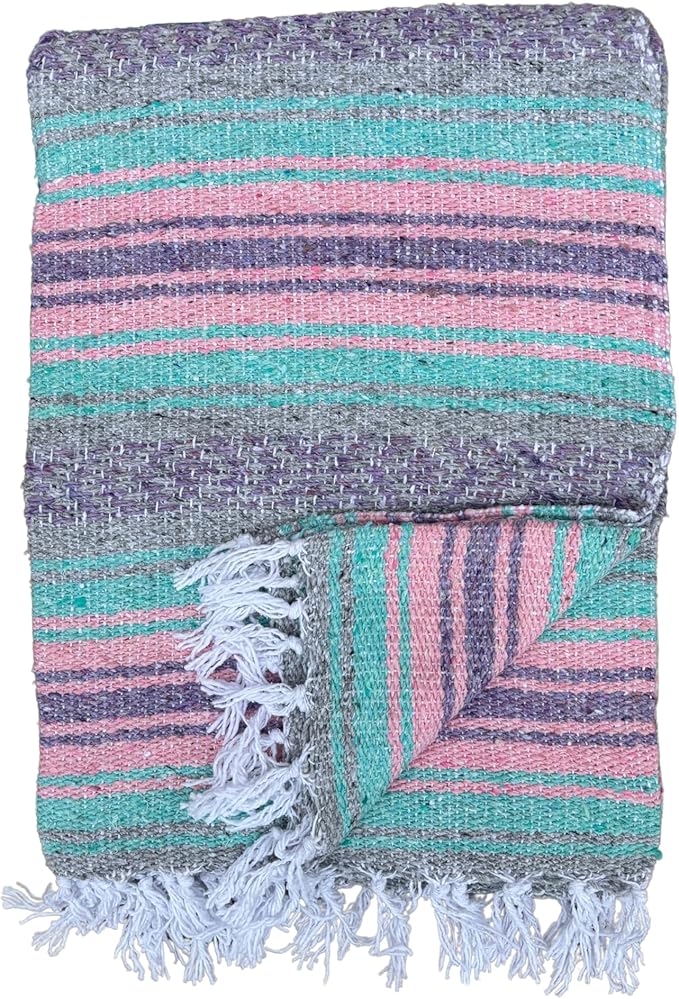 Del Mex Classic Mexican Blanket, Large Authentic Woven Falsa Throw (70"x50"), Artisan Southwest Décor for Beach, Yoga, Outdoors (Mint/Pink/Gray)