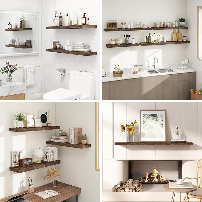 36 Inches Floating Shelves for Wall, 9.3" Deep Long Floating Shelves Set of 2, Large Display & Storage Shelf, Wall Shelf for Bathroom Bedroom Living Room Kitchen Office, Rustic Brown