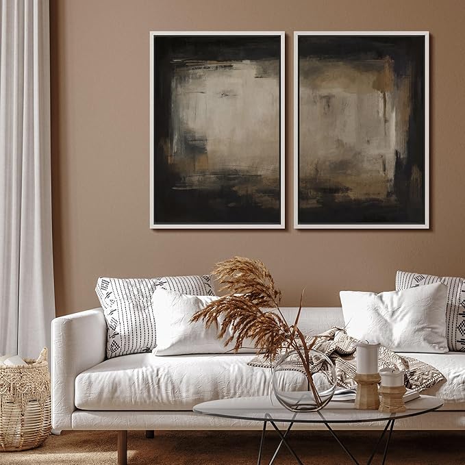 SIGNFORD Framed Canvas Print Wall Art Set Neutral Black and Brown Contemporary Minimalist Illustration Modern Art Decorative for Living Room, Bedroom, Office - 16"x24"x2 White