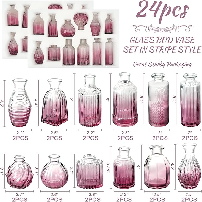 Bud Vases 24 in Bulk, Small Purple Vase Glass Vases for Flowers Vintage Ribbed Colored Wedding Flower Vase for Decor in Bulk Decor Bridal Shower Centerpieces Home Table Decoration
