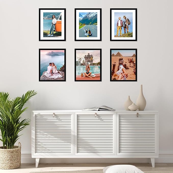 FIXSMITH 8.5x11 Picture Frame Set of 6, Black Photo Frame with HD Plexiglass, Display Pictures 5x7 with Mat or 8.5x11 Without Mat, Multi Picture Frames Collage for Wall Decor