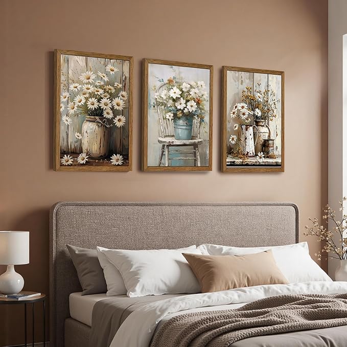 DUWQU 3 Piece Framed Elegant Farmhouse Canvas Wall Art, Vintage Floral Pictures Art Wall Decor, Nature Themed Daisy Art Prints for Living Room Bedroom Kitchen and Office Ready to Hang 16×24 Inches