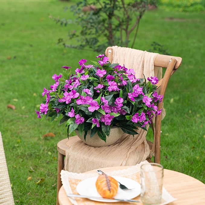 UUqueeten15.7” Fall Decorations for Home Fake Fall Flowers Fake Plants Artificial Impatiens Bouquet Flowers for Outdoors Silk Faux Flowers Impatiens Plants Decor Indoor Planters 8PCS (Purple)