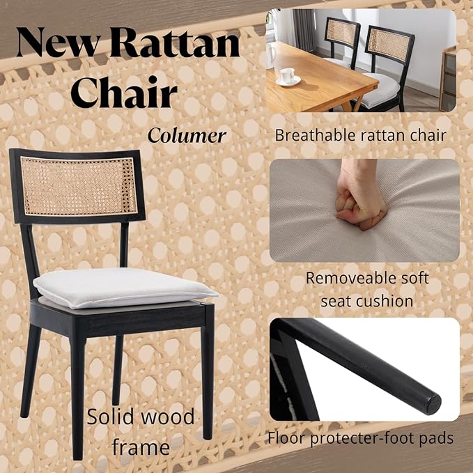 Rattan Dining Chairs Set Of 4 , Mid Century Modern Black Wooden Cane Back Chairs with Removable Linen Cushion , Retro Farmhouse Upholstered Kitchen & Dining Room Chairs for Restaurant Living Room