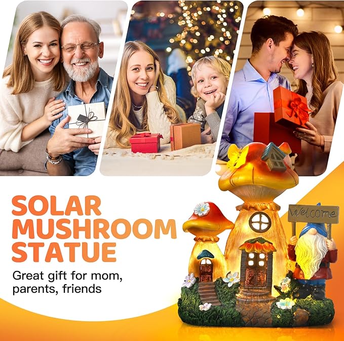 Solar Garden Statue Lights Mushroom Fairy House Figurine, Outdoor Memorial Garden Ornaments Waterproof Decoration for Outside Patio Yard Lawn Decor