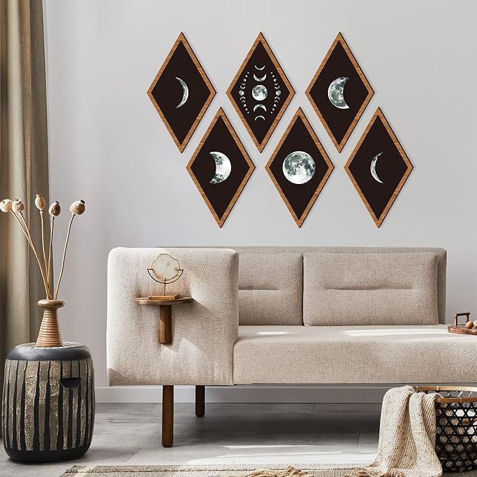 Sintuff 6 Pieces Halloween Gothic Wall Decor Boho Sun Moon Phases Wall Art Gothic Minimalist Stars Sun Hanging Wooden Home Decor Farmhouse Pediments for Gallery Living Bedroom Room(Moon)