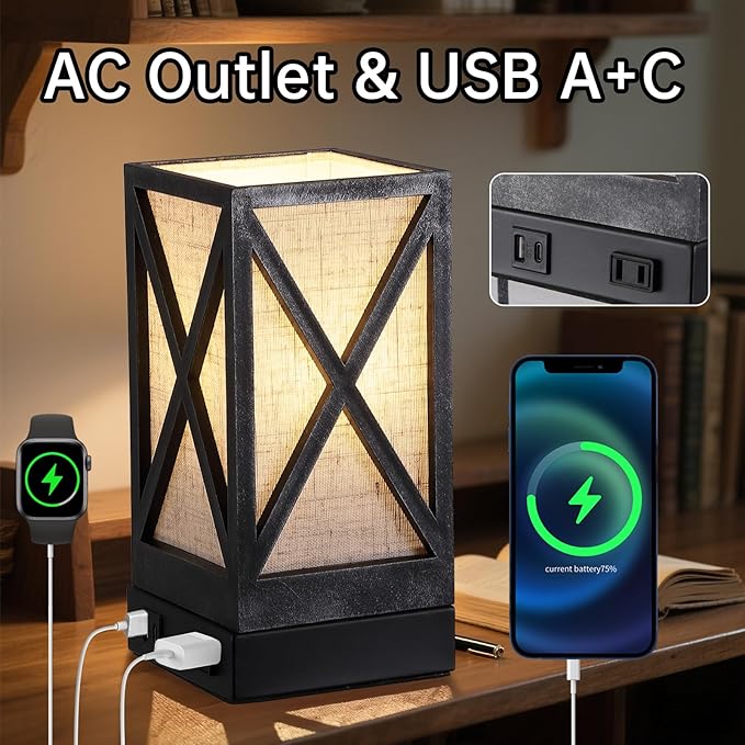 Table Lamp, Set of 2 Rustic Farmhouse Nightstand Lamps, 3 Color Temperatures Desk Lamp with USB Charging Ports AC Outlet Vintage Lamp for Living Room Bed Room, Pewter